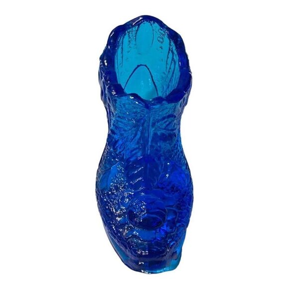 Vintage Blue Glass Shoe Slipper High Heel Cabbage Rose by Kanawha Glass Co. READ - Picture 3 of 10